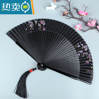 XIANCAI扇子夏天便携古风绿色折扇女式随身古典中国风汉服旗袍折叠小扇子 淡粉樱花黑柄(送扇套)