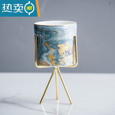 敬平北欧轻奢水果叉套装欧式家用陶瓷罐子不锈钢水果签果勺子插甜品叉 流沙金罐一个+三角金架