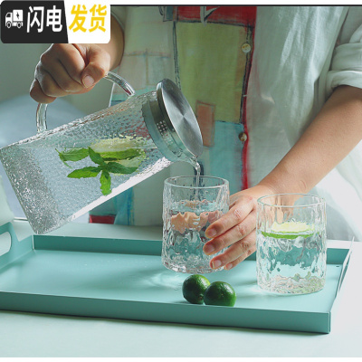 三维工匠冷水壶玻璃可高温家用茶壶套装大容量凉水壶水杯扎壶加厚白开水壶 铁艺托盘蓝色大号