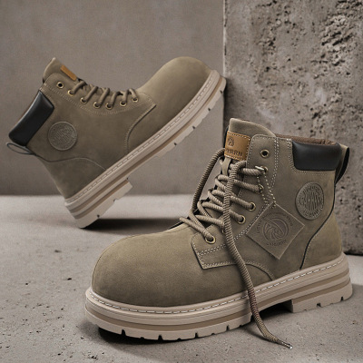 绒面大头靴子秋冬季新款男士马丁靴厚底增高系带复古工装男鞋卡其