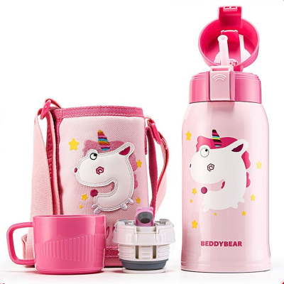 网红优选3D浮雕独角兽款杯具熊BEDDYBEAR儿童保温杯带吸管儿童水杯316不锈钢宝宝儿童保温壶600m