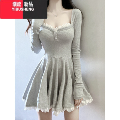 YIBUSHENG春新款小个子法式性感辣妹纯欲方领锁骨长袖连衣裙收腰短裙女
