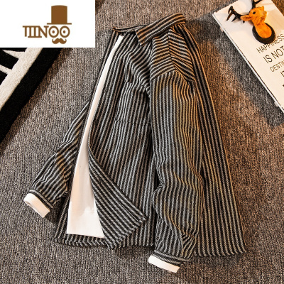 YANXU条纹衬衫男感日系复古痞帅潮牌ins秋季长袖休闲衬衣薄款外套