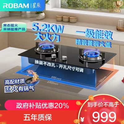老板(Robam)[星辰系列]燃气灶家用双灶嵌入式煤气灶5.2kW可调节小尺寸灶具灶台猛火灶一级能效20B2A天然气