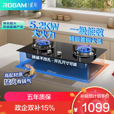 老板(Robam)[星辰系列]燃气灶家用双灶嵌入式煤气灶5.2kW可调节小尺寸灶具灶台猛火灶一级能效20B2A天然气