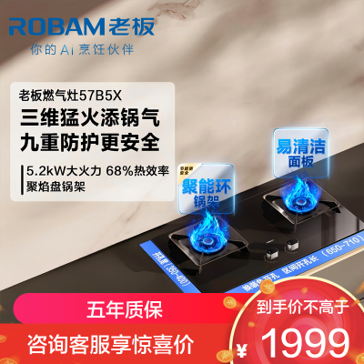 老板(Robam)5.0kW燃气灶自营双眼灶煤气灶单灶具嵌入式灶 煤气炉钢化玻璃灶台炉具炉灶带熄火保护57B5X液化气