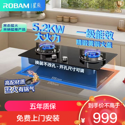 老板(Robam)[星辰系列]燃气灶家用双灶嵌入式煤气灶5.2kW可调节小尺寸灶具灶台猛火灶一级能效20B2A天然气