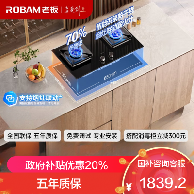 老板(Robam)57B9A-D2P双灶一级能效 5.2kW 智能大火力 防干烧易清洁 嵌入式猛火灶家用灶具 天然气