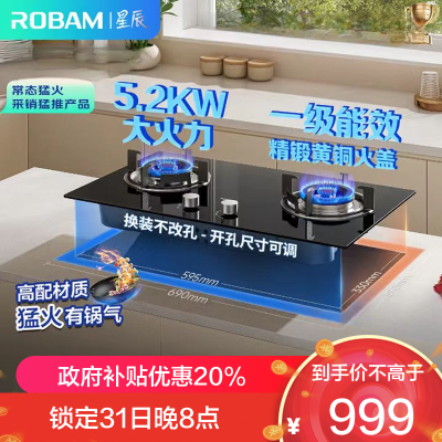 老板(Robam)[星辰系列]燃气灶家用双灶嵌入式煤气灶5.2kW可调节小尺寸灶具灶台猛火灶一级能效20B2A天然气