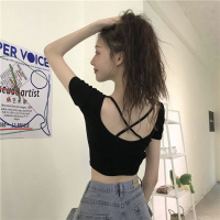 春夏新款露背短袖T恤女休闲韩国女装修身露脐短款上衣纯色打底衫