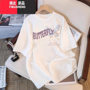 YIBUSHENG美式蝴蝶印花白色短袖t恤2024季新款女装体恤宽松上衣