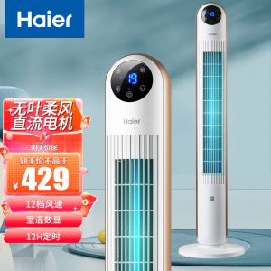海尔(Haier)无叶风扇HFZ-Y1106D电风扇 塔扇落地扇遥控款轻音低噪立式家用办公卧室12档风速大风量12H定时