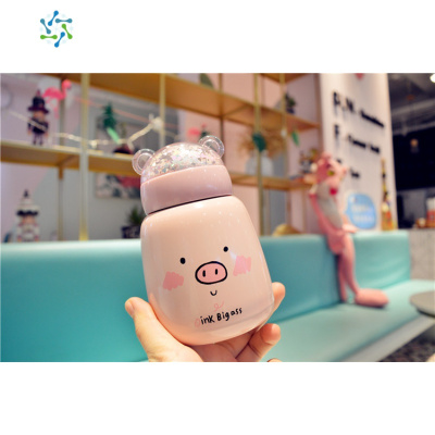 韩版超萌水杯小猪保温杯少女心ins学生可爱小巧便携儿童迷你杯子三维工匠爱心