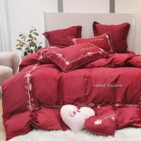 60长绒棉刺绣四件套全棉加厚床上用品全棉床单被套结婚大红爱心