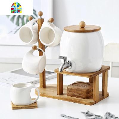 北欧创意凉水壶套装家用杯子陶瓷冷水壶带龙头可高温客厅水杯水具 FENGHOU 一壶四杯一架子(2.8升)陶瓷盖