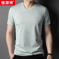 恒源祥彩棉t恤男2024夏季新款高品质小领口体恤V领纯色短袖男上衣