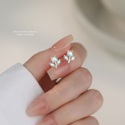 s925纯银幻彩锆石花朵耳钉女时尚个性潮流高级感轻奢森系耳饰百搭送女朋友老婆情人节七夕生日礼物