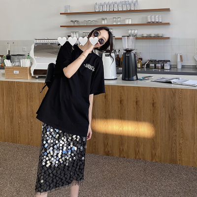 暖青汇时尚黑色亮片半身裙中长款女复古高腰直筒设计感气质显瘦遮胯裙子