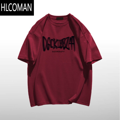 HLCOMAN美式复古酒红色短袖t恤男女夏季新款潮流薄款情侣上衣ins