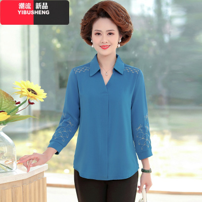 YIBUSHENG妈妈春装衬衫时尚洋气50岁40新款2021中年妇女雪纺中袖上衣t恤衫妈妈装