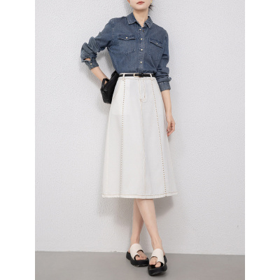 秋夏新款高腰牛仔A字半身裙女白色宽松休闲八分伞裙