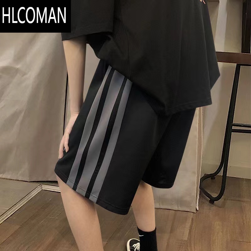 HLCOMAN大码300斤休闲裤子男女夏季潮牌复古撞色条纹短裤宽松阔腿五分裤2