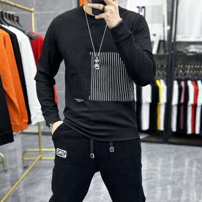 卫衣男士秋冬刺绣时尚贴布圆领套头长袖体恤打底衫上衣潮流in修身