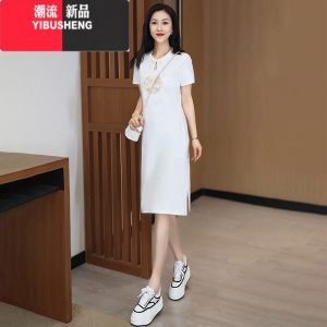 YIBUSHENG国风休闲连衣裙女小个子2024季新款时尚宽松显瘦气质开叉裙子潮