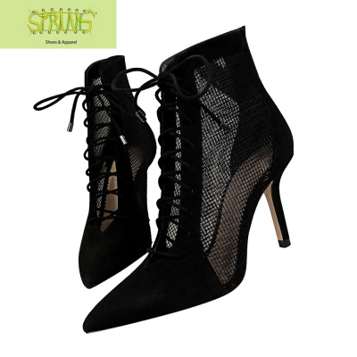 2019欧美风高跟尖头交叉绑带绒面尖头网状镂空性感夜店系带短靴女语娄