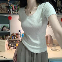 含棉 设计感圆领短袖T恤女夏季新款甜辣妹短款高腰修身显瘦上衣潮