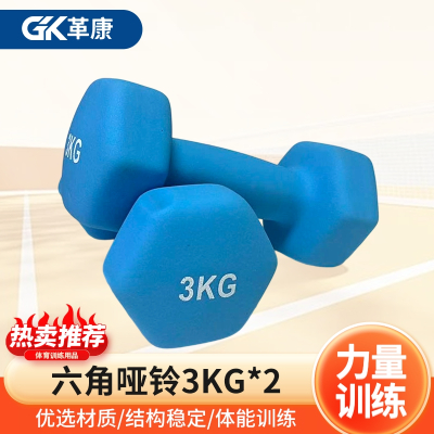 革康 GK-JSQC8085 浸塑哑铃健身锻炼六角哑铃男士运动力量训练3KG*2彩色小哑铃 蓝色