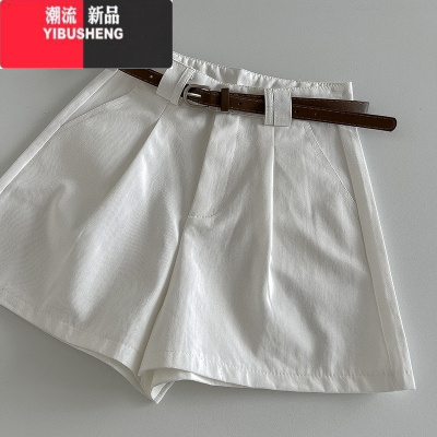 YIBUSHENG短裤纯色腰带百搭阔腿休闲裤2024季新款韩版女清新简约口袋裤子