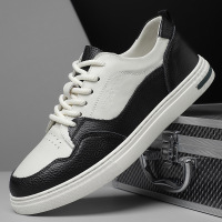 头层牛皮前系带小白鞋男春季新透气软皮休闲鞋熊猫头层牛皮鞋