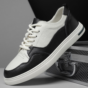 头层牛皮前系带小白鞋男春季新透气软皮休闲鞋熊猫头层牛皮鞋