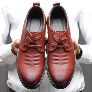 头层牛皮休闲男皮鞋圆头系带橡胶软底透气防滑爸爸鞋子