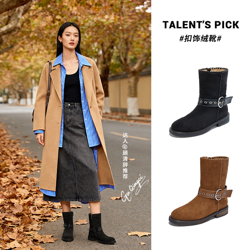 复古皮带扣西部靴新款冬季瘦瘦靴粗跟英伦风短靴女百搭靴子女