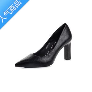 SUNTEK5M粗跟单鞋女2022年新款夏季软皮黑色高跟鞋尖头法式职业女鞋