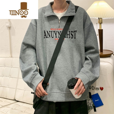 YANXU加绒款半拉链长袖卫衣男美式宽松潮牌复古印花情侣翻领上衣