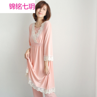 锦铭七玥018春秋新日本孕妇装 孕妇哺乳衣月子服 产居服蕾丝睡衣套