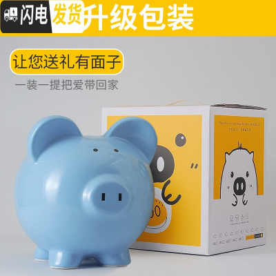 三维工匠网红抖音成人儿童纸币硬币不可取创意小猪大容量陶瓷储蓄罐存钱罐 二号8寸浅蓝色只进不出礼盒