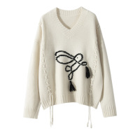 V领手工勾花小兔子复古山羊绒衫女针织打底衫宽松厚款长袖毛衣暖