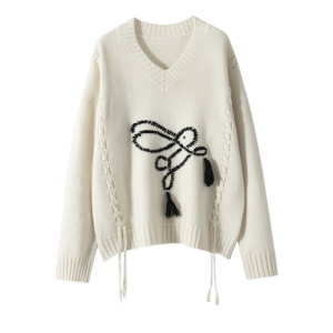 V领手工勾花小兔子复古山羊绒衫女针织打底衫宽松厚款长袖毛衣暖