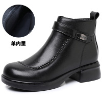秋冬季新款女式棉靴粗跟软底复古头层软牛皮中跟女靴圆头短靴