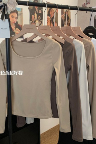 春秋新款洋气U领长袖T恤修身显瘦内搭大领口打底衫纯色女装潮