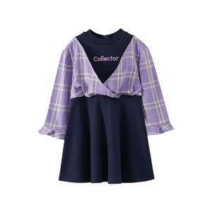 [2件2折价:63.8]米喜迪mecity童装春新款女童格纹坎肩假两件针织连衣裙