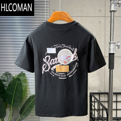 HLCOMAN白色T恤男士夏季新款高端潮流印花t恤美式轻奢新疆棉舒适短袖上衣