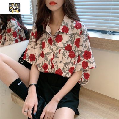 暖青汇夏季韩版大码胖mm上衣洋气衬衫女士设计感小众气质宽松短袖雪纺衫蕾丝衫