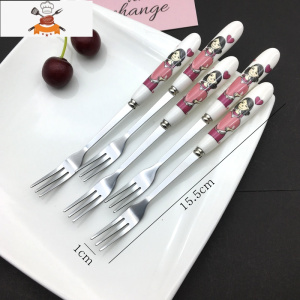 304不锈钢陶瓷长柄勺子网红勺卡通吃饭可爱儿童汤勺家用调羹汤匙 敬平 一家人妈妈水果叉5支装(410钢)