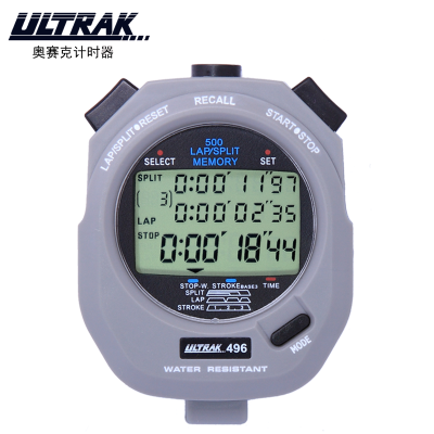 奥赛克ULTRAK秒表DT496计时器三排500道桨频三周计频多功能防水耐用比赛裁判教练田径运动健身游泳跑步滑冰骑行黑色