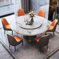 欧梵森 岩板餐桌意式轻奢实木餐桌椅组合家用小户型饭桌现代简约大理石圆桌转盘